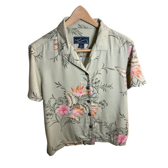 Island Traders Green Tropical Short Sleeved Button Up Top Sz L - Picture 1 of 10